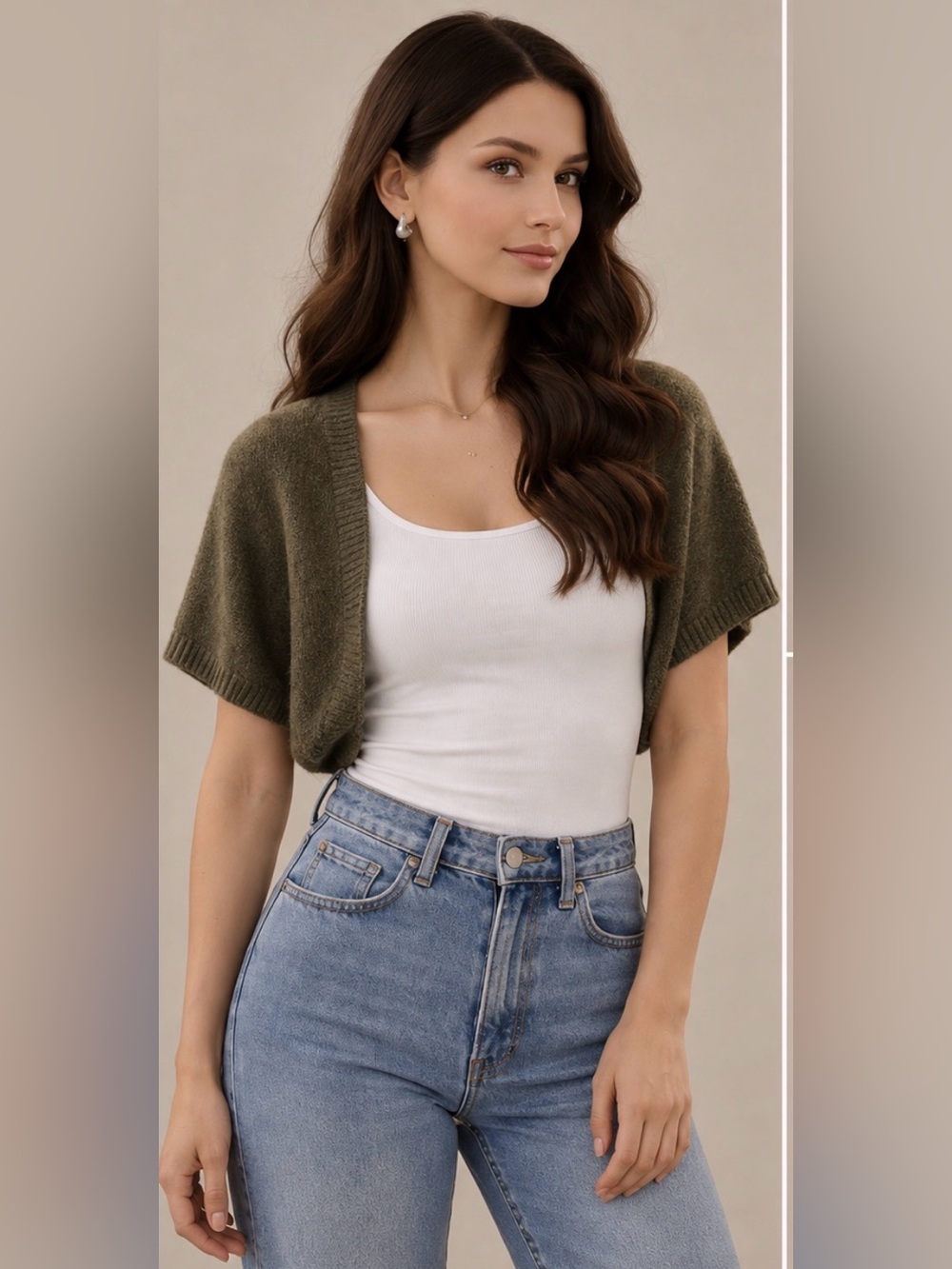 Sisley Ballet Shrug Olive Cropped Knit Small Minimal